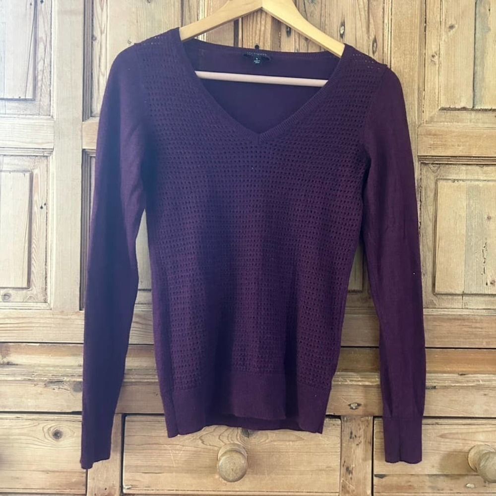 The Limited Small Textured Purple Merino Wool Blend V-Neck‎ Sweater